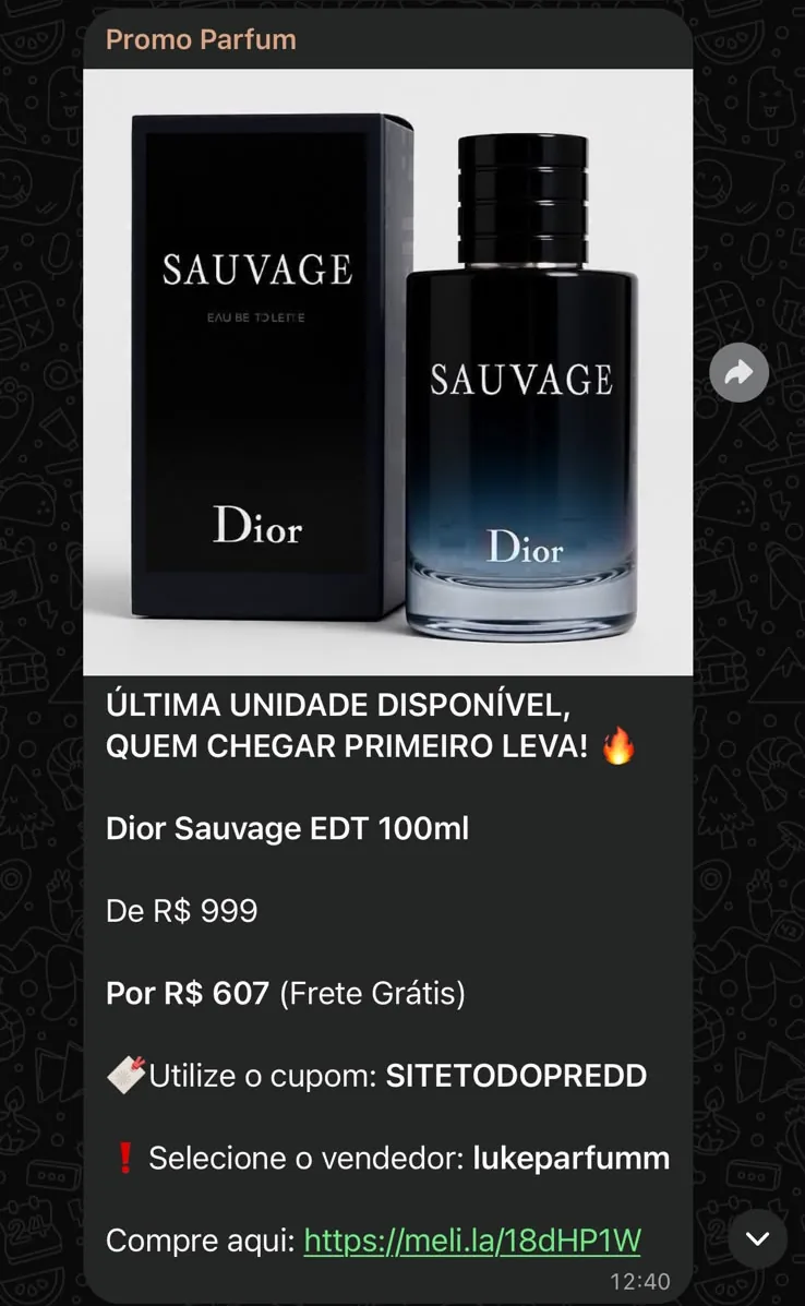 Mensagem real do grupo PromoParfum com a oferta do Dior Sauvage EDT 100ml