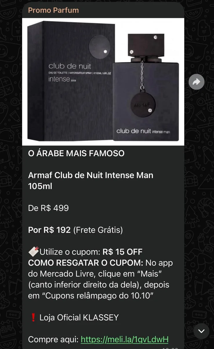 Mensagem real do grupo PromoParfum com a oferta do Armaf Club de Nuit Intense Man 105ml